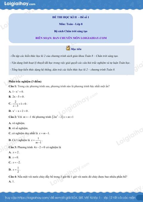 Đề thi học kì 2 Toán 8 - Đề số 1 - Chân trời sáng tạo